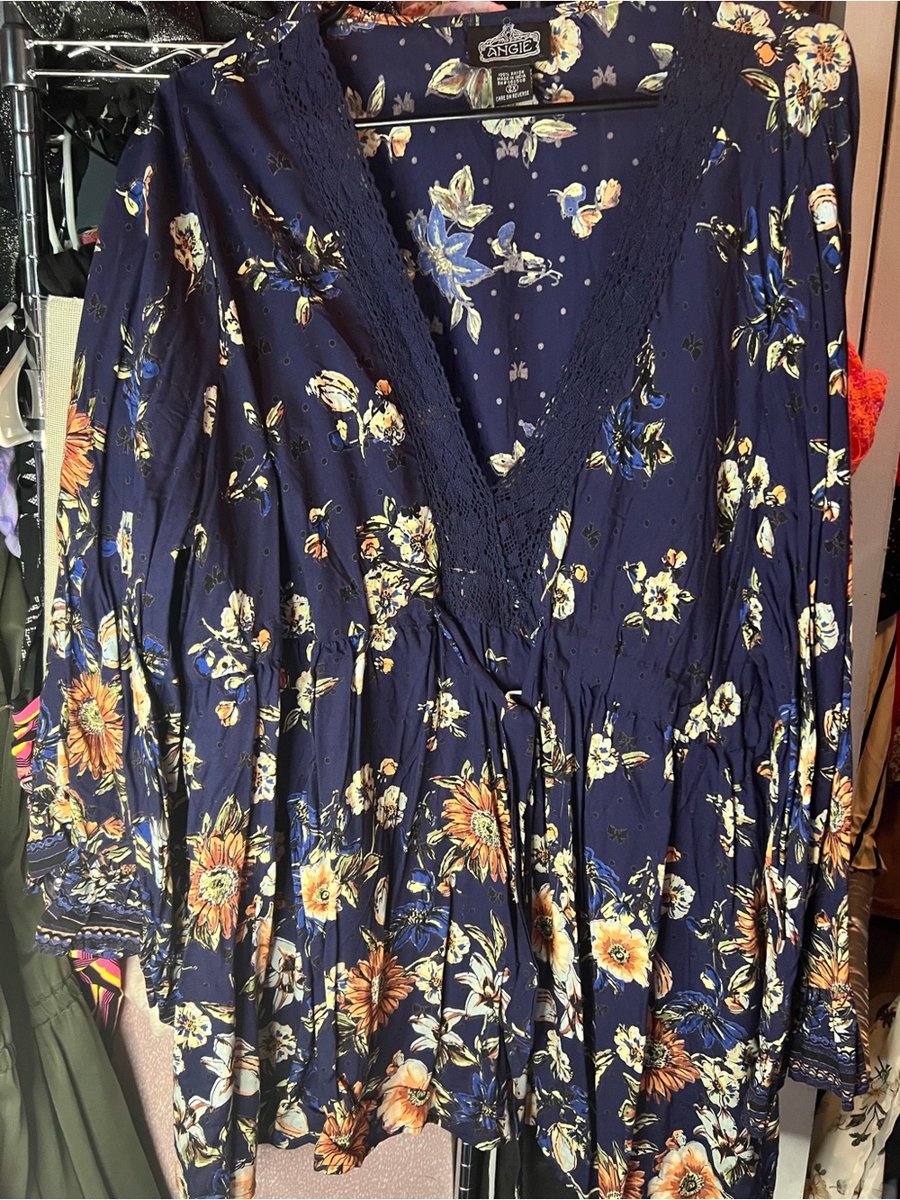 Angie Navy Floral V-Neck Drawstring Tunic with Lace Trim